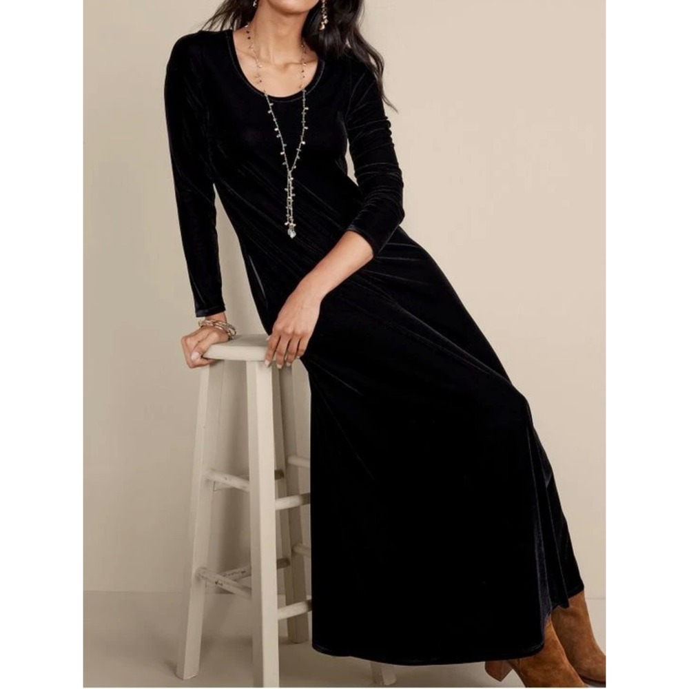 Soft Surroundings Santiago Stretch Velvet Dress Women XS Black Maxi Long Sleeve
